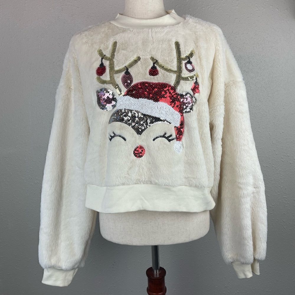 Third Wish Cropped Reindeer Sequined Holiday Sweater Size L